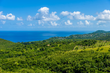 Tropical Rainforest on the Caribbean island of St. Lucia. It is a paradise destination with a white sand beach and turquoiuse sea.