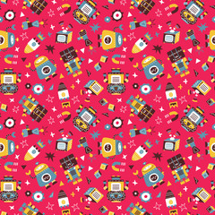 Vector seamless background pattern with ornate hand drawn robots