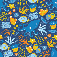 Vector seamless background pattern with sea animal and underwater plants © boyusya