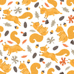 Vector seamless background with ornate baby squirrels