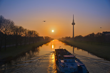 Sonnenaufgang mit Schiff und Möve am Neckar - obrazy, fototapety, plakaty