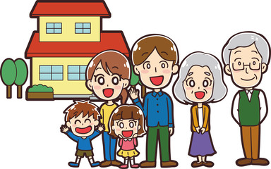 マイホームと三世帯家族のイラスト