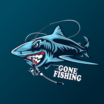 Toothy great white shark fishing logo. Strong shark sports mascot emblem. Angry fish vector background.