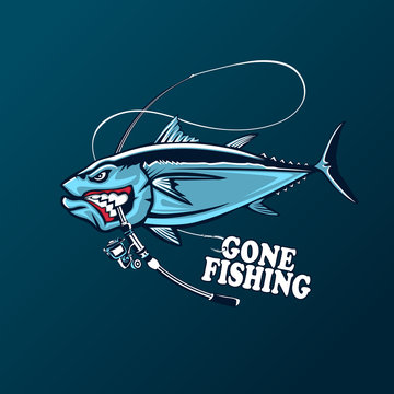 Angry tuna fish logo. Tuna fishing emblem. Big eye tuna. Angry fishing club logotype.