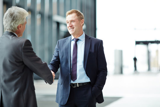 Successful mature business partners greeting one another by handshake at meeting