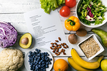 balanced diet plan with fresh vegetables and fruits on the table