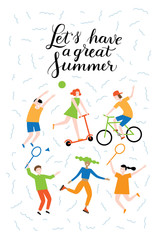 Summer5/People have fun in the summer. Outdoor activity. Stylish font typography.