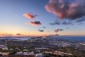 Panorama of Santorini island towards the setting sun
