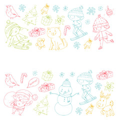 Merry Christmas celebration with children. Kids drawing illustration with ski, gifts, Santa Claus, snowman. Boys and girls play and have fun. School and kindergarten, preschool children