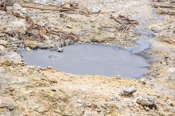 View of Drive-In Volcano Sulphur Springs on the Caribbean island of St. Lucia. La Soufriere Volcano is the only drive-in volcano in the world.