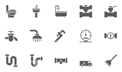 Plumbing and Sanitary Equipment Icons contains Toilet, Sink, Bathtub, Pipe, Water Meter and more.