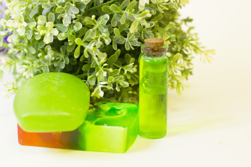 Aromatherapy spa concept. Green leaves, essential oil in jars, a bar of green soap, closeup