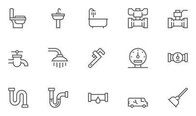 Plumbing and Sanitary Equipment Line Icons contains Toilet, Sink, Bathtub, Pipe, Water Meter and more. Editable Stroke. 48x48 Pixel Perfect.