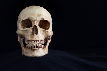 Skull on black cloth and black background..