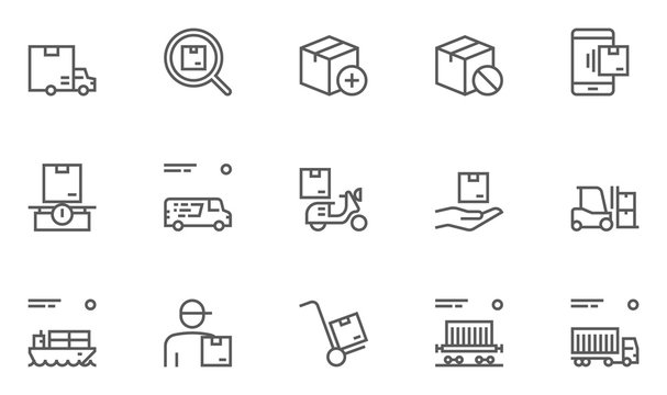 Set of Logistics, Delivery, Transportation Line Icons with Courier, Shipping, Van, Freight Transportation and more. Editable Stroke. 48x48 Pixel Perfect.