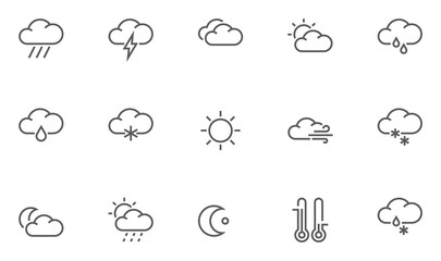 Set of Weather Forecast Vector Line Icons with Cloud, Sun, Rain and more. Editable Stroke. 48x48 Pixel Perfect.
