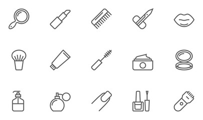 Set of Beauty and Cosmetic Vector Line Icons. Contains Icons Lipstick, Powder, Mascara, Comb and more. Editable Stroke. 48x48 Pixel Perfect.