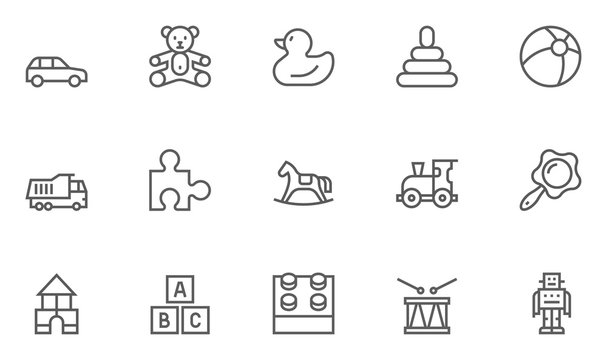 Set of Toys Vector Thin Line, Flat Design Icons with Cloud, Sun, Rain and more. Editable Stroke. 48x48 Pixel Perfect.