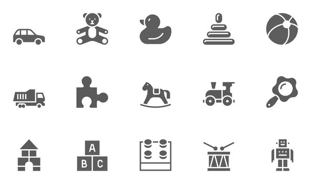 Set of Toys Vector Icons contains Teddy Bear, Robot, Duck, Rocking Horse and more.