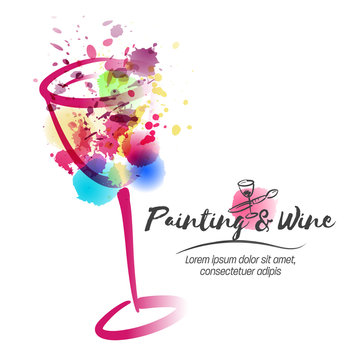 Idea for painting and wine event promotion. Illustration of wine glass and colorful spots. Art and wine.