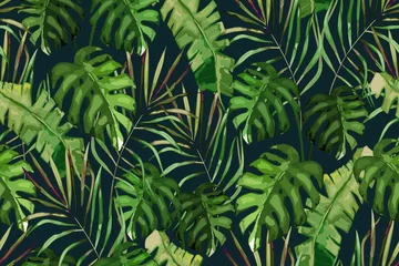 Fototapete Rund Tropical seamless pattern. Palm tree leaves and flower. Hand drawn vector illustration. Summer background © natikka