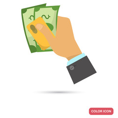 Money and credit card in the hand of businessman color flat icon