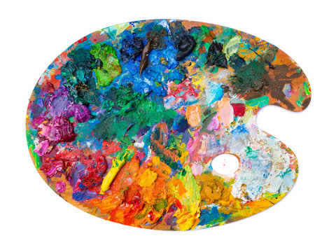 bright oil paint palette on white background