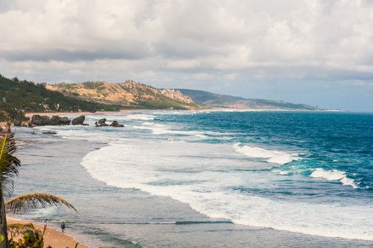 Panoramic View of Bathsheba Beach, Barbados, Sand, Waves, Surf, Hills, Clouds, Sky