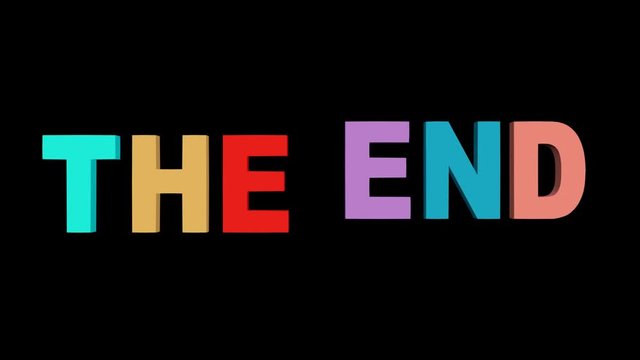 Multicolored The end inscription on black background. Letters falling from top, exploding into multicolored fragments. Animation for ending of movie or TV show