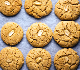 Freshly baked homemade peanut butter cookies on the whit parchment paper