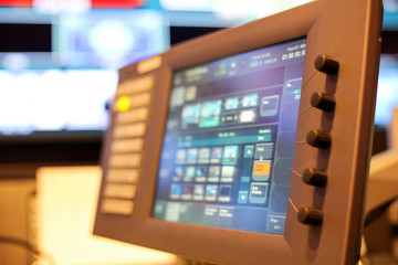 touch screen monitor of Switcher buttons in studio TV station, Audio and Video Production Switcher of Television Broadcast.