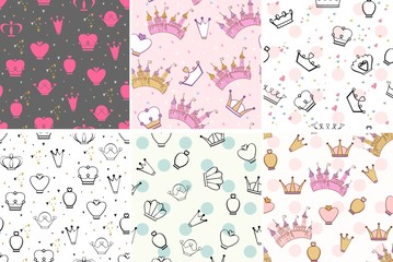 Hand drawing vector seamless patterns with crowns and castle.