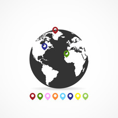 Vector image of icons of the globe and pins.