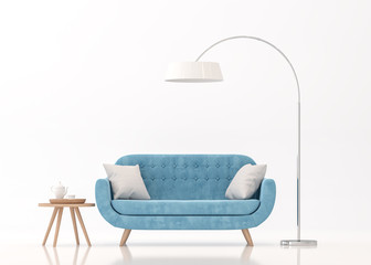 Blue fabric sofa on white background 3d rendering image.There are clipping path on an armchair,table and lamp. - obrazy, fototapety, plakaty