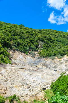 View of Drive-In Volcano Sulphur Springs on the Caribbean island of St. Lucia. La Soufriere Volcano is the only drive-in volcano in the world.