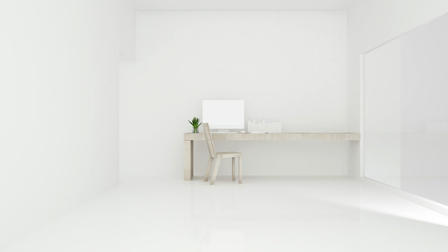 Workplace on sunshine day in hotel or apartment - Study room simple design - 3D Rendering