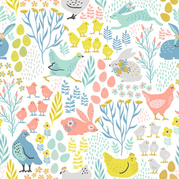 Vector seamless pattern with bunnies and chicken for Easter and other users