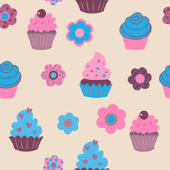 Seamless pattern with cute cupcakes and flowers