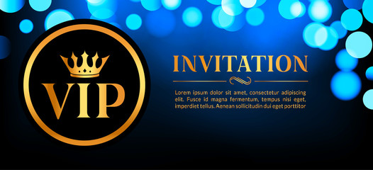 VIP invitation card with gold and bokeh glowing background. Premium luxury elegant design