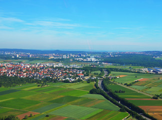 Fototapeta na wymiar Aerial view of Stuttgart area with german Autobahn leading to Stuttgart
