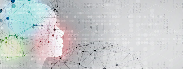 Artificial intelligence with human face. Technology web background. Virtual concept.