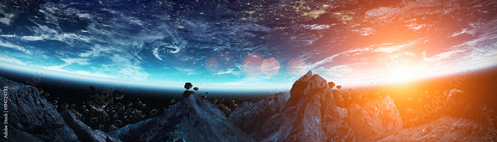 Poster Panoramic view of planet Earth with asteroids flying close 3D rendering elements of this image furnished by NASA