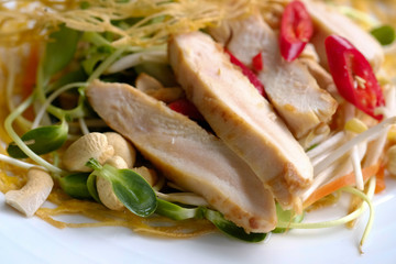 Close up Home Made Chicken Salad and Egg  net. (selective Focus)