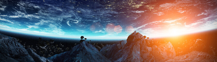 Panoramic view of planet Earth with asteroids flying close 3D rendering elements of this image furnished by NASA - obrazy, fototapety, plakaty
