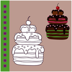 Sweets coloring page for children. Donat, cake, cupcake. Coloring and scrap book.Vector illustration