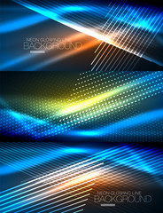 Set of neon glowing waves and lines, shiny light effect digital techno motion backgrounds. Collection of dark space magic vector illustrations