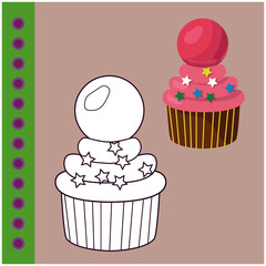 Sweets coloring page for children. Donat, cake, cupcake. Coloring and scrap book.Vector illustration