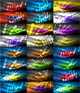 Neon glowing light abstract backgrounds collection, mega set of energy magic concept backgrounds