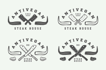 Set of vintage butchery meat, steak or bbq logos, emblems, badges, labels. Graphic Art. Illustration.