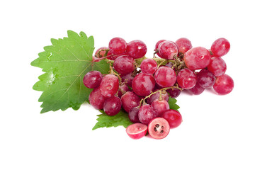 Red grape with leaf isolated on white background